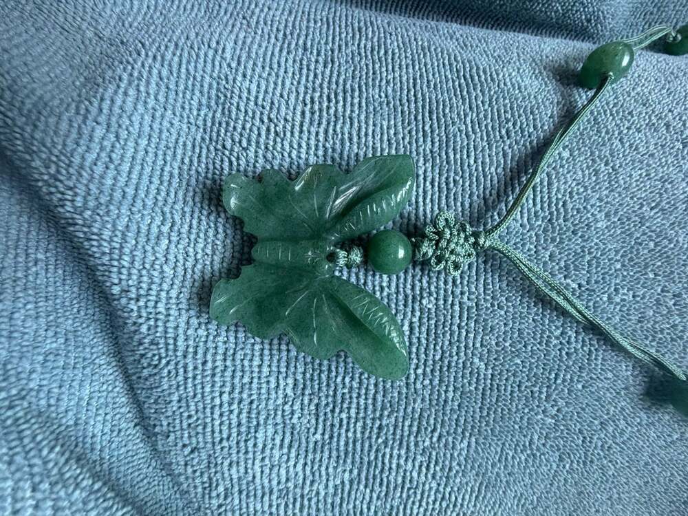 Vintage Hand-Carved Jade Butterfly Pendant on Green Cord Necklace w/Jade Beads